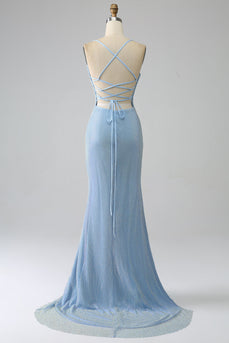 Havfrue blå lang ballkjole med spalt