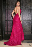 Hot Pink Mermaid Halter Sequin Prom kjole med spalt