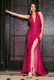 Hot Pink Mermaid Halter Sequin Prom kjole med spalt