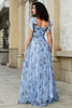 Load image into Gallery viewer, Blå A-linje trykt justerbare stropper Lang skoleball kjole
