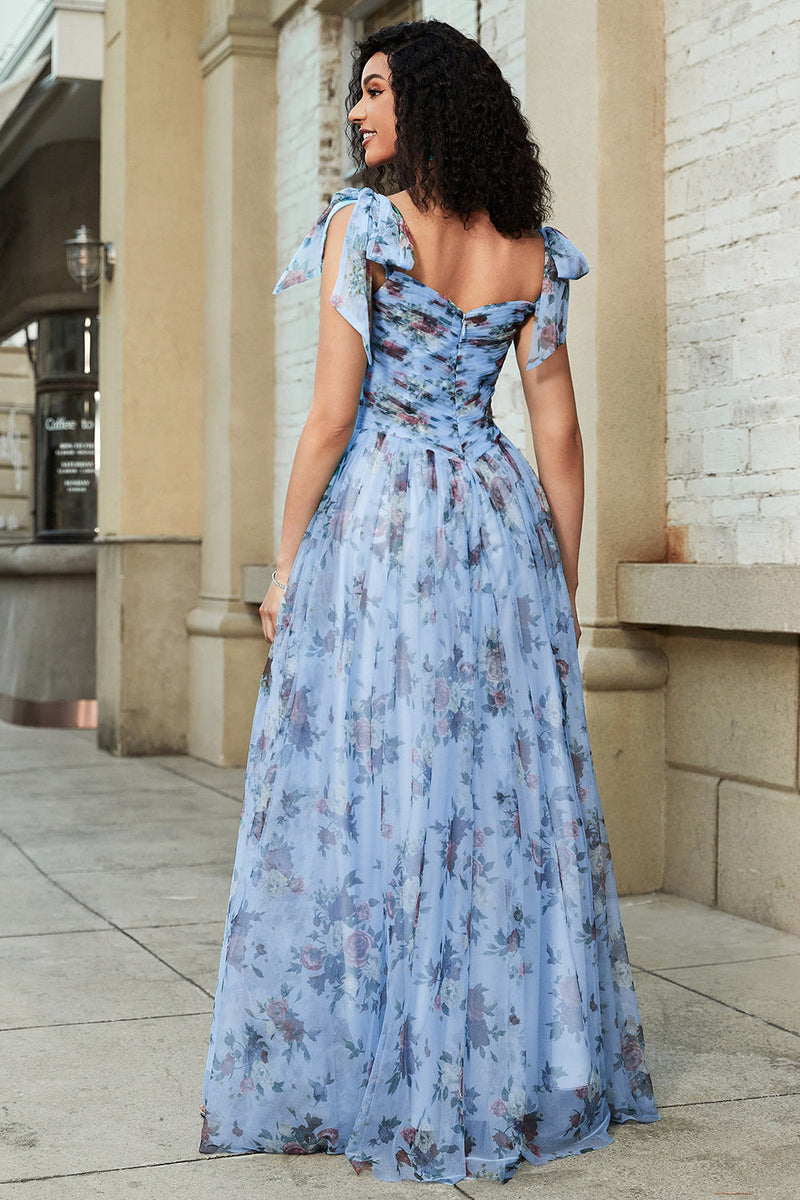 Load image into Gallery viewer, Blå A-linje trykt justerbare stropper Lang skoleball kjole