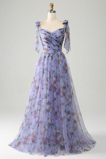 A-Line Lavendel Trykt Justerbare stropper Lang Prom Dress