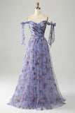 A-Line Lavendel Trykt Justerbare stropper Lang Prom Dress