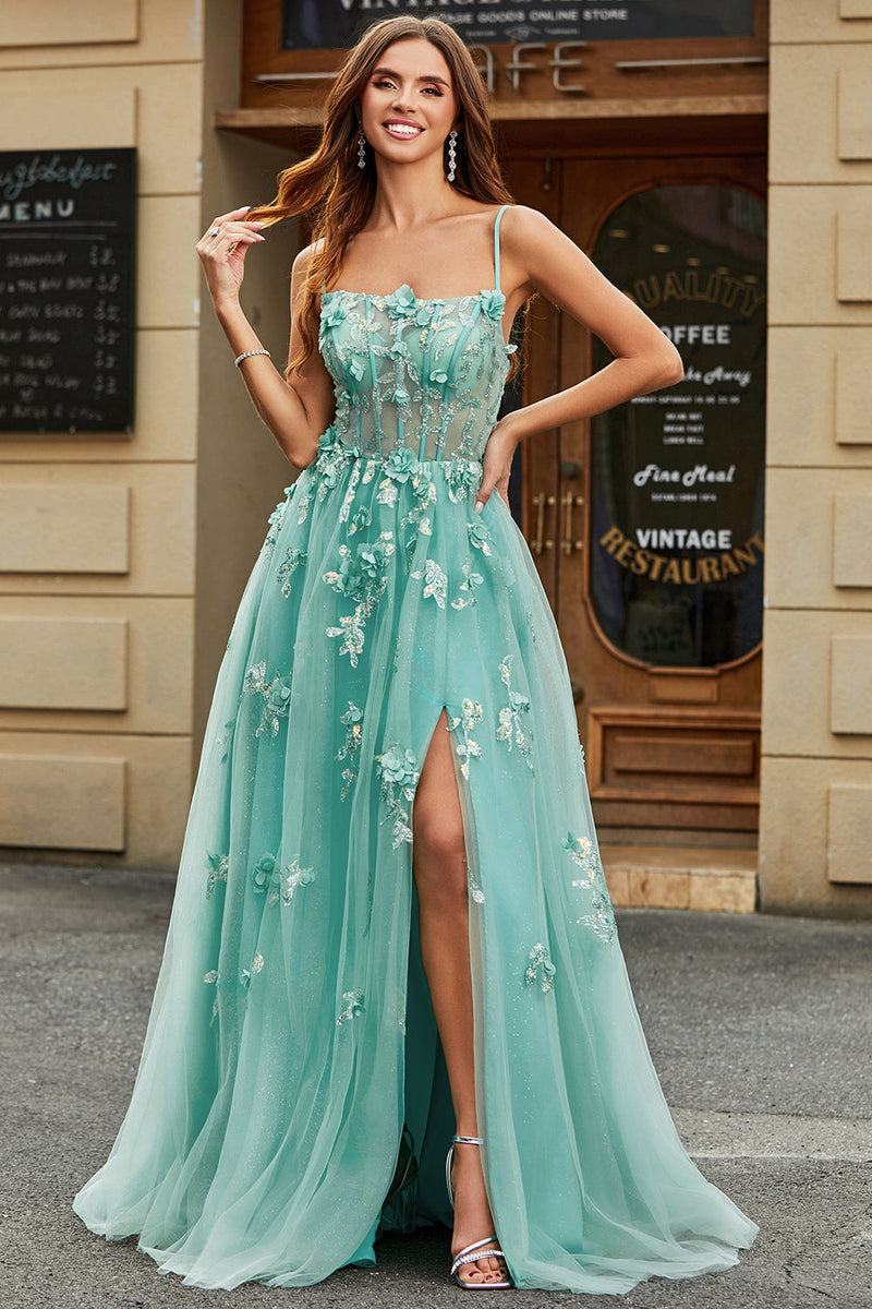 Load image into Gallery viewer, A-Line Green Tylle Corset Prom kjole med Appliques