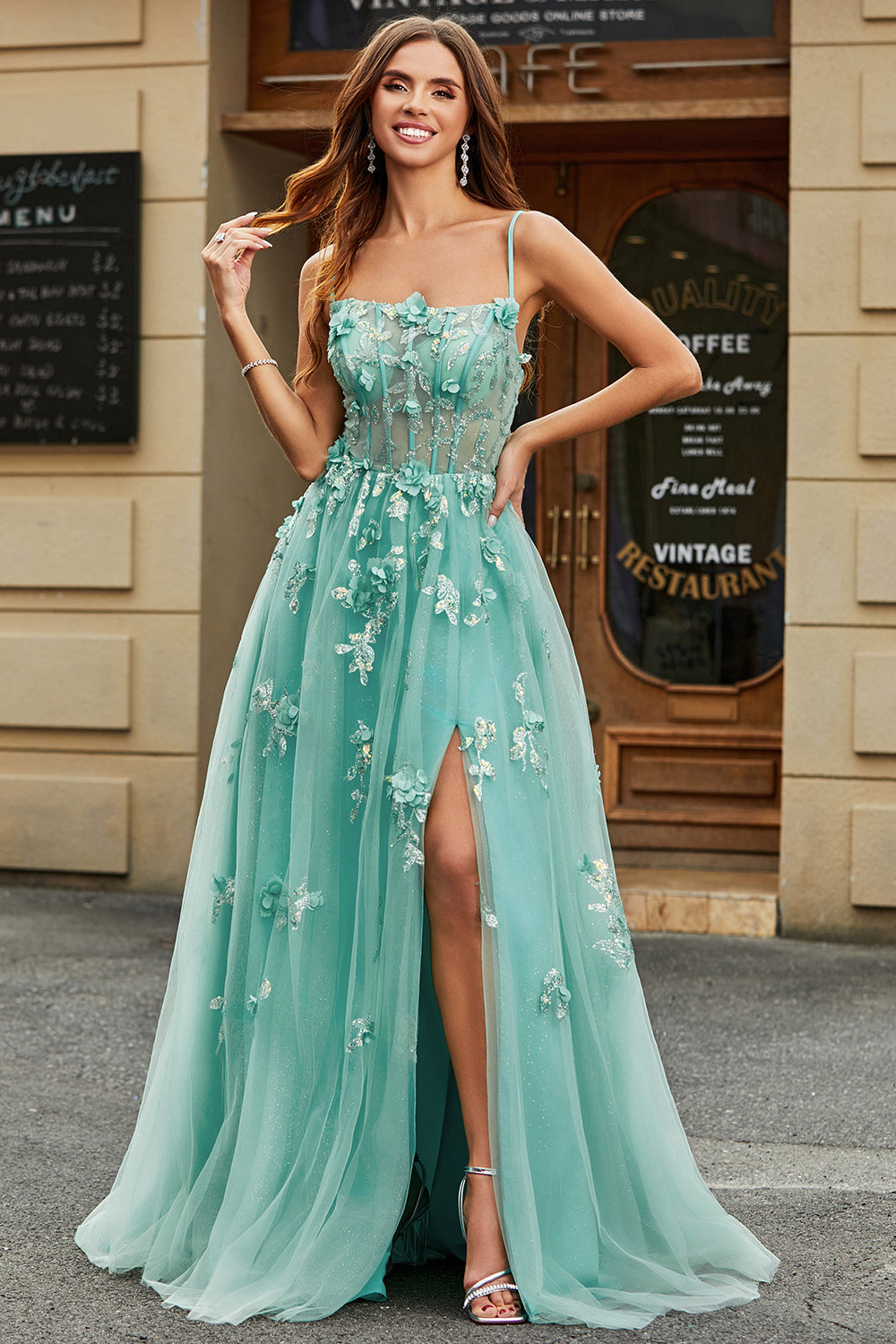 A-Line Green Tylle Corset Prom kjole med Appliques