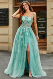 A-Line Green Tylle Corset Prom kjole med Appliques