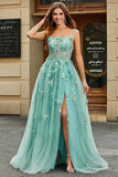 A-Line Green Tylle Corset Prom kjole med Appliques