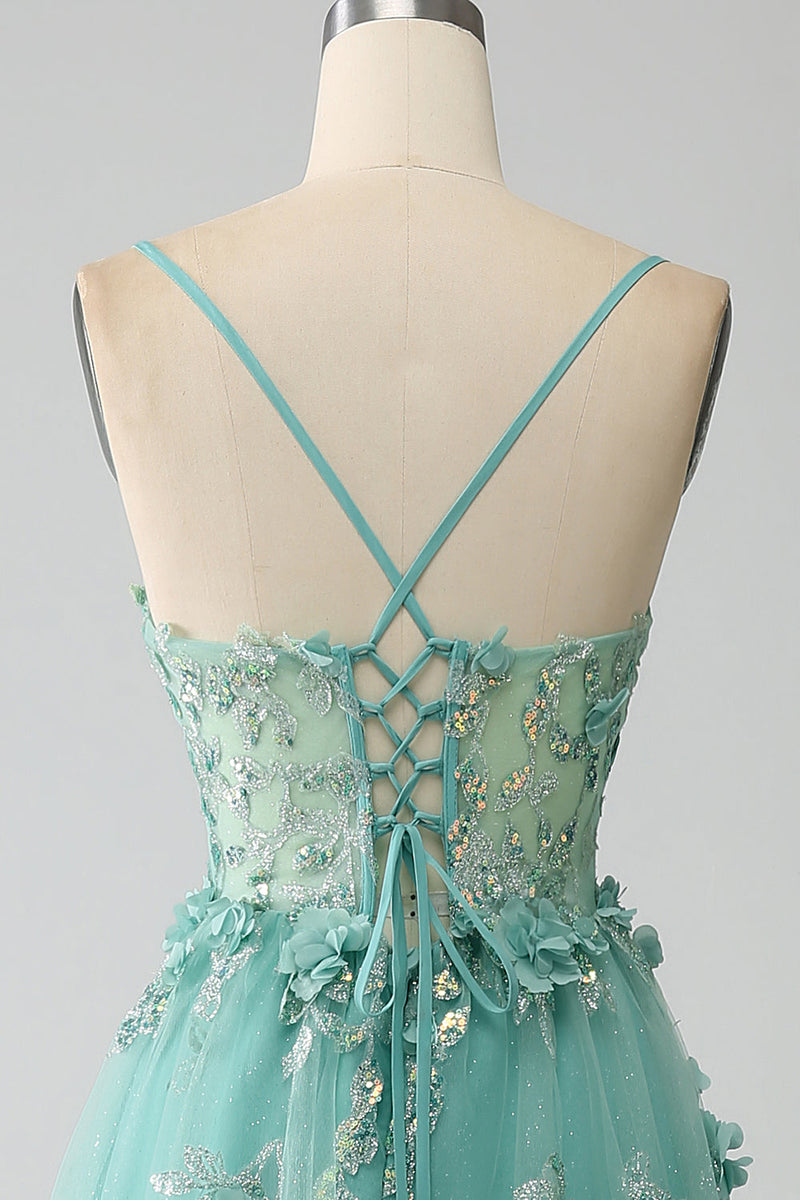 Load image into Gallery viewer, Grønn A-Line Spaghetti stropper Long Corset Prom Kjole med Appliques