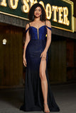 Sparkly Navy Mermaid Long Corset Beaded Prom Dress med Slit