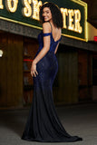 Sparkly Navy Mermaid Long Corset Beaded Prom Dress med Slit