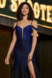 Sparkly Navy Mermaid Long Corset Beaded Prom Dress med Slit