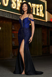 Sparkly Navy Mermaid Long Corset Beaded Prom Dress med Slit