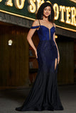 Sparkly Navy Mermaid Long Corset Beaded Prom Dress med Slit