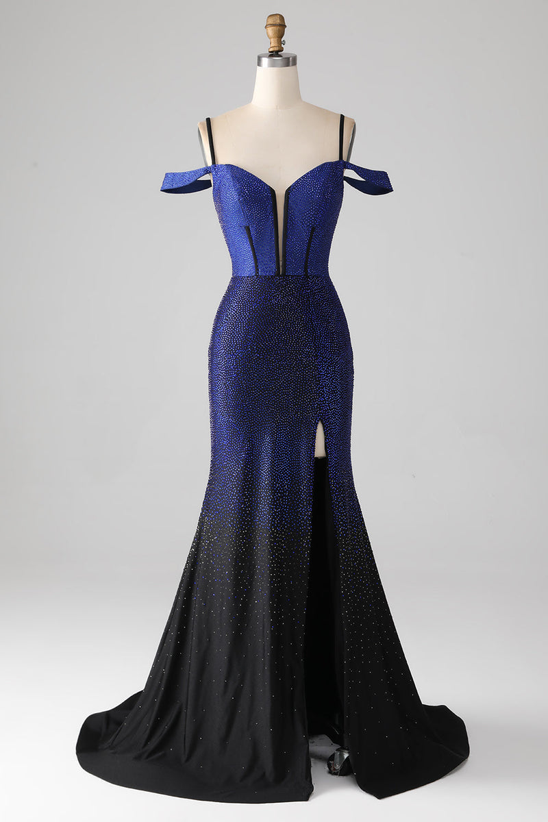 Load image into Gallery viewer, Sparkly Navy Mermaid Long Corset Prom Dress med Slit