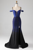 Sparkly Navy Mermaid Long Corset Prom Dress med Slit