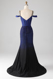 Sparkly Navy Mermaid Long Corset Prom Dress med Slit