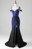 Sparkly Navy Mermaid Long Corset Prom Dress med Slit