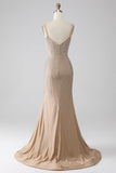 Sparkly Champagne Mermaid Spaghetti stropper Long Prom Kjole med Slit