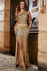 Load image into Gallery viewer, En skulder gylden frynser paljett glitter prom kjole med spalt