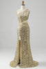 Load image into Gallery viewer, Golden One Shoulder Fringe Sequin Prom kjole med spalt