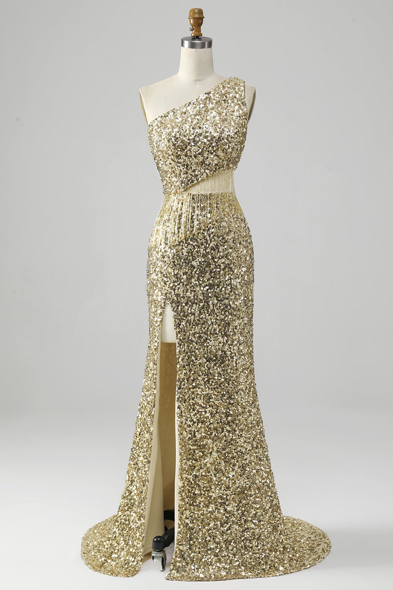 Load image into Gallery viewer, Golden One Shoulder Fringe Sequin Prom kjole med spalt