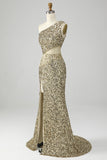 Golden One Shoulder Fringe Sequin Prom kjole med spalt