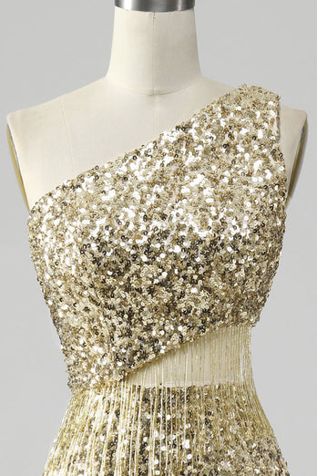 Golden One Shoulder Fringe Sequin Prom kjole med spalt
