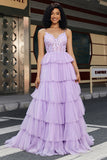 Prinsesse A Line Spaghetti stropper Lilac korsett Prom kjole med Appliques Ruffles