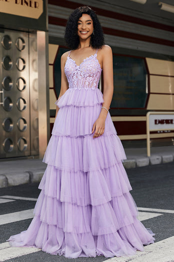 Prinsesse A Line Spaghetti stropper Lilac korsett Prom kjole med Appliques Ruffles