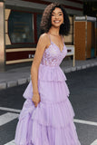 Prinsesse A Line Spaghetti stropper Lilac korsett Prom kjole med Appliques Ruffles