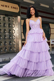 Prinsesse A Line Spaghetti stropper Lilac korsett Prom kjole med Appliques Ruffles