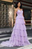 Prinsesse A Line Spaghetti stropper Lilac korsett Prom kjole med Appliques Ruffles