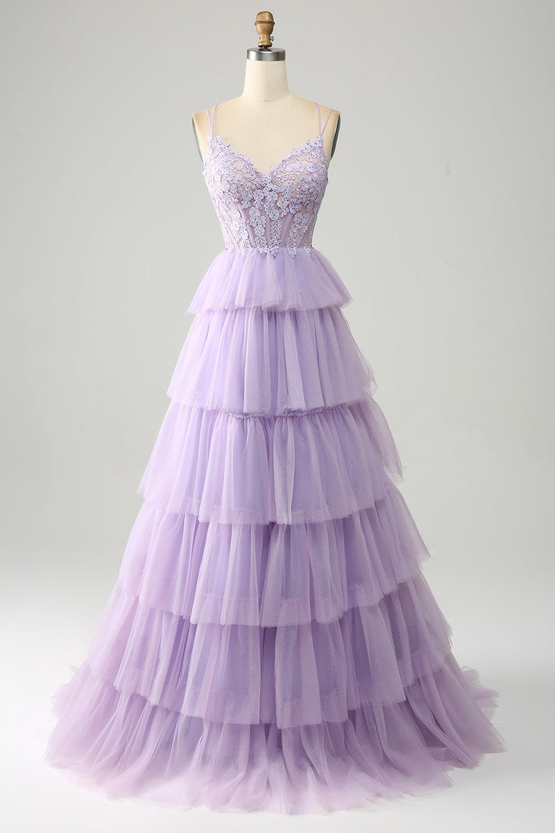 Load image into Gallery viewer, Lilac Tulle Tiered Princess Corset Prom kjole med Appliques