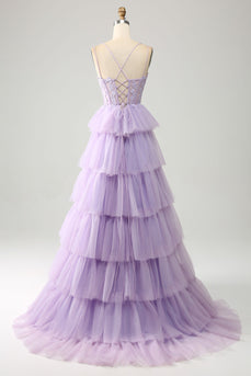 Lilac Tulle Tiered Princess Corset Prom kjole med Appliques