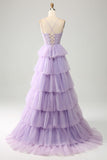 Lilac Tulle Tiered Princess Corset Prom kjole med Appliques