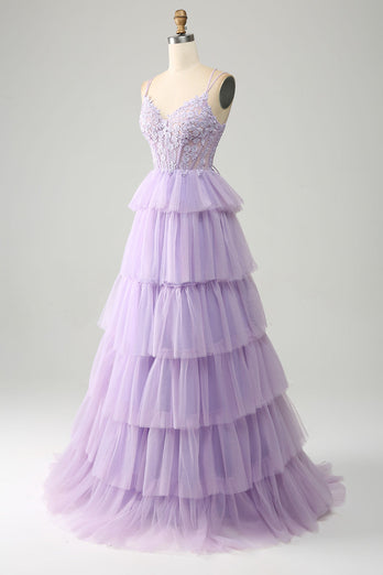 Lilac Tulle Tiered Princess Corset Prom kjole med Appliques