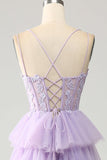 Lilac Tulle Tiered Princess Corset Prom kjole med Appliques