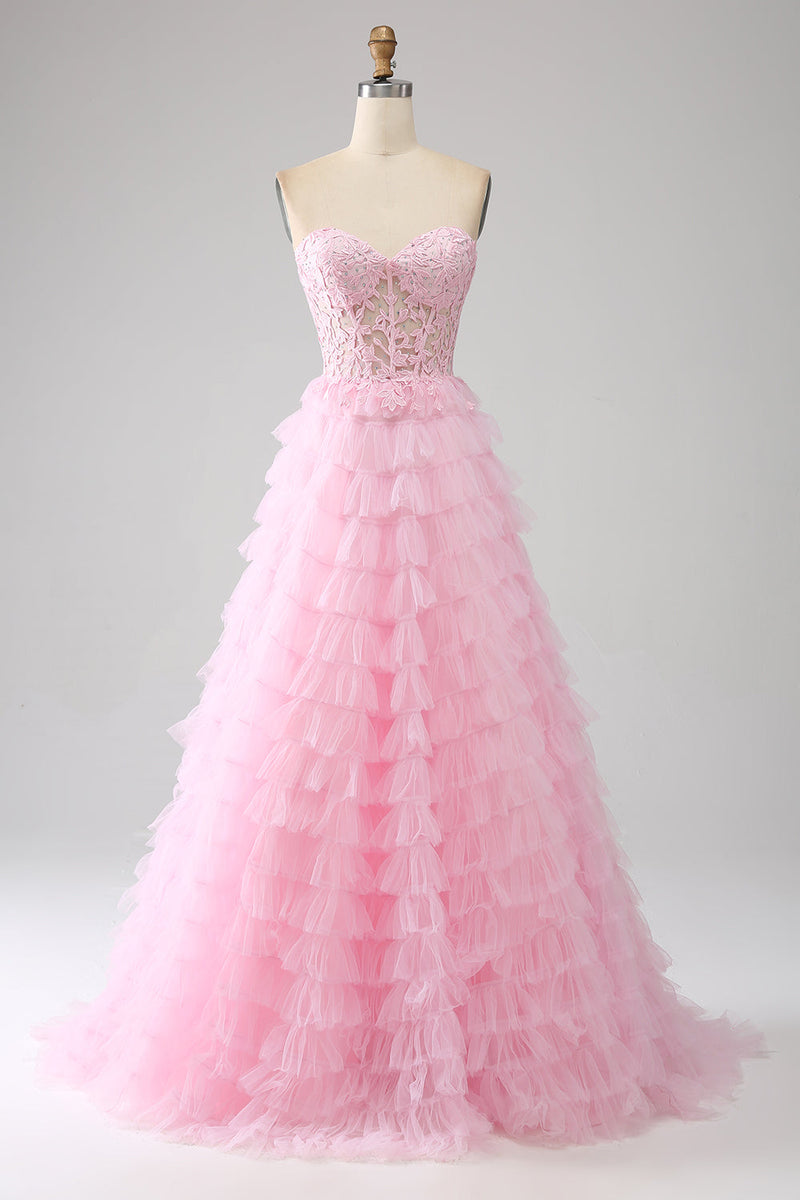 Load image into Gallery viewer, Rosa A-linje stroppeløs lagdelt lang korsett prom kjole