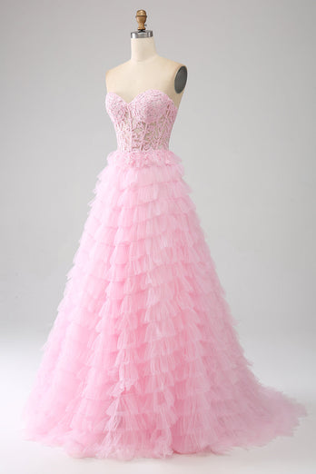 Rosa A-linje stroppeløs lagdelt lang korsett prom kjole