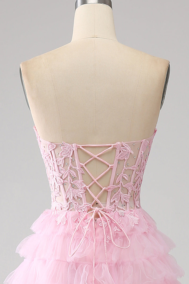 Load image into Gallery viewer, Rosa A-linje stroppeløs lagdelt lang korsett prom kjole