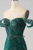 Load image into Gallery viewer, Havfrue av skulderen Mørkegrønn ballkjole med applikasjoner