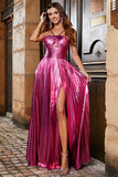 Hot Pink A-Line Spaghetti stropper Plissert Sparkly Prom Kjole med Slit