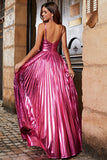 Hot Pink A-Line Spaghetti stropper Plissert Sparkly Prom Kjole med Slit