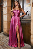 Load image into Gallery viewer, Hot Pink A-Line Spaghetti stropper Plissert Sparkly Prom Kjole med Slit