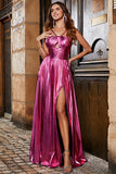 Hot Pink A-Line Spaghetti stropper Plissert Sparkly Prom Kjole med Slit