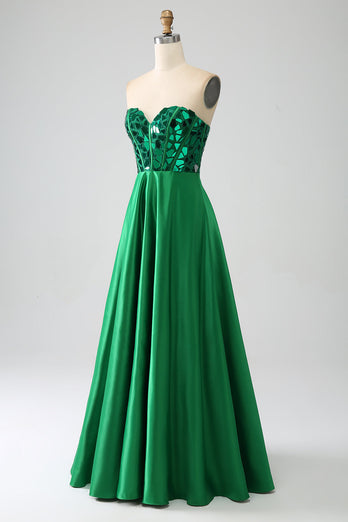 A-Line Sweetheart Mørkegrønn korsett Prom kjole