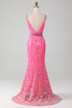 Load image into Gallery viewer, Hot Pink Spaghetti stropper Glitter Mermaid Prom kjole med Beading Waist