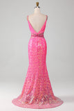 Hot Pink Spaghetti stropper Glitter Mermaid Prom kjole med Beading Waist