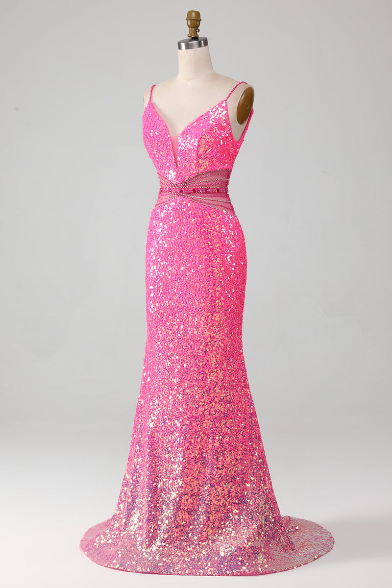 Load image into Gallery viewer, Hot Pink Spaghetti stropper Glitter Mermaid Prom kjole med Beading Waist