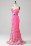 Hot Pink Spaghetti stropper Glitter Mermaid Prom kjole med Beading Waist